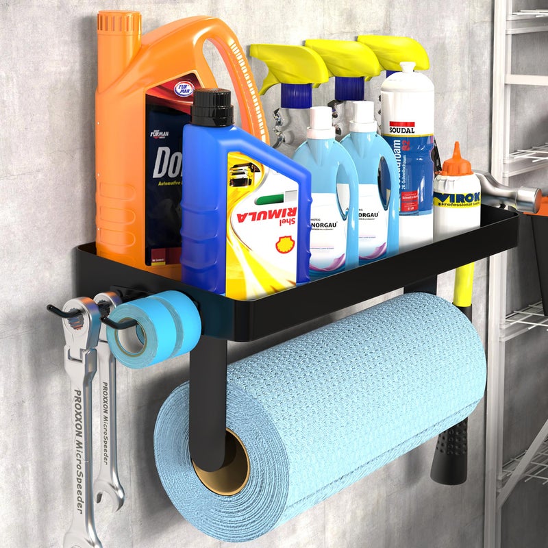 ZUNTO Garage Paper Towel Holder with Shelf  Black Stainless Steel Paper Towel Rack with Hooks  Wall Mount Paper Towel Holder for Kitchen  Garage Organization and Storage - Image 1